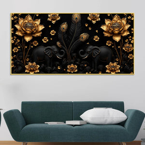 Opulent Black Elephant Duo with Golden Lotus and Peacock Feathers 3D Canvas Wall Painting