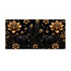 Opulent Black Elephant Duo with Golden Lotus and Peacock Feathers 3D Canvas Wall Painting