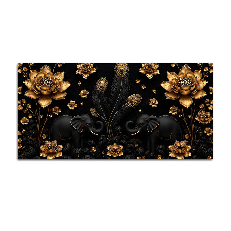 Opulent Black Elephant Duo with Golden Lotus and Peacock Feathers 3D Canvas Wall Painting