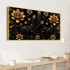 Opulent Black Elephant Duo with Golden Lotus and Peacock Feathers 3D Canvas Wall Painting