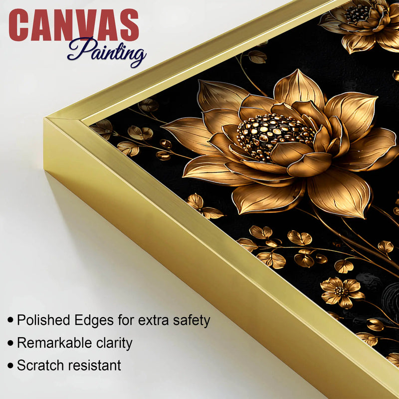Opulent Black Elephant Duo with Golden Lotus and Peacock Feathers 3D Canvas Wall Painting