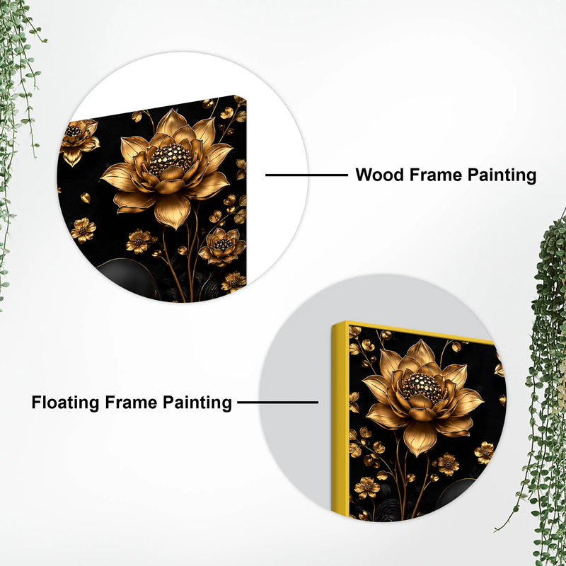 Opulent Black Elephant Duo with Golden Lotus and Peacock Feathers 3D Canvas Wall Painting