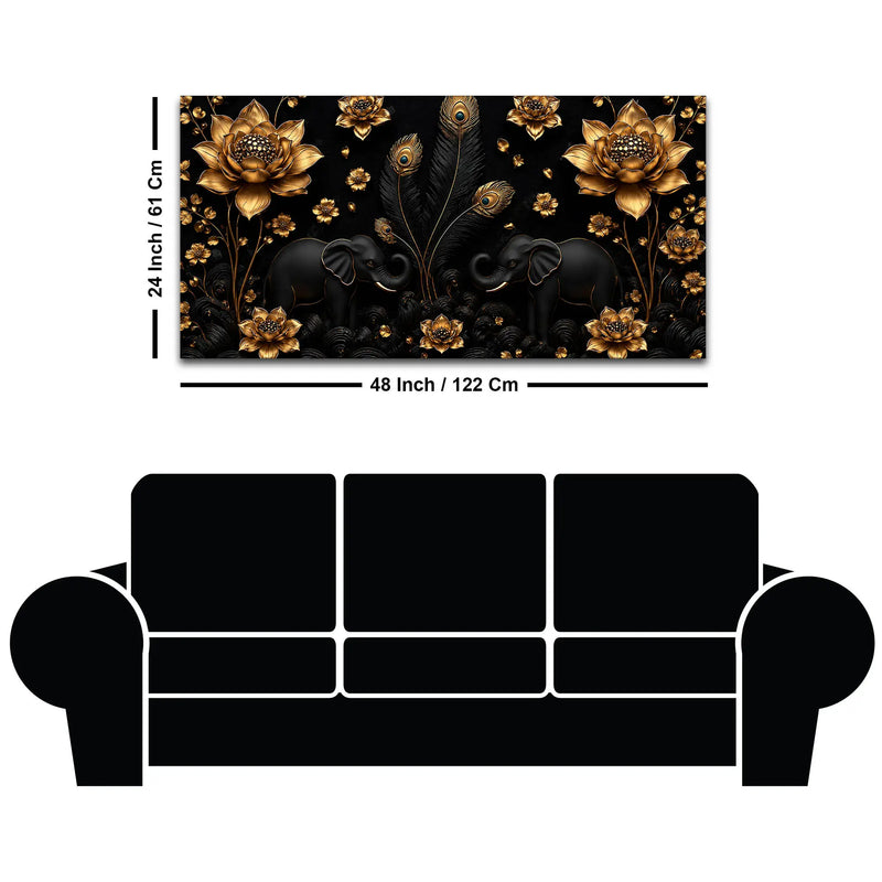 Opulent Black Elephant Duo with Golden Lotus and Peacock Feathers 3D Canvas Wall Painting