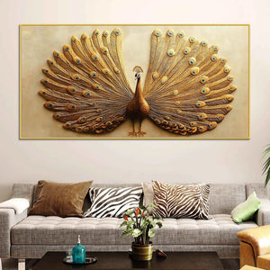 Opulent Golden Peacock with Open Feathers Canvas Wall Painting