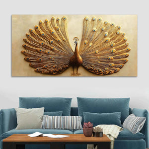 Opulent Golden Peacock with Open Feathers Canvas Wall Painting