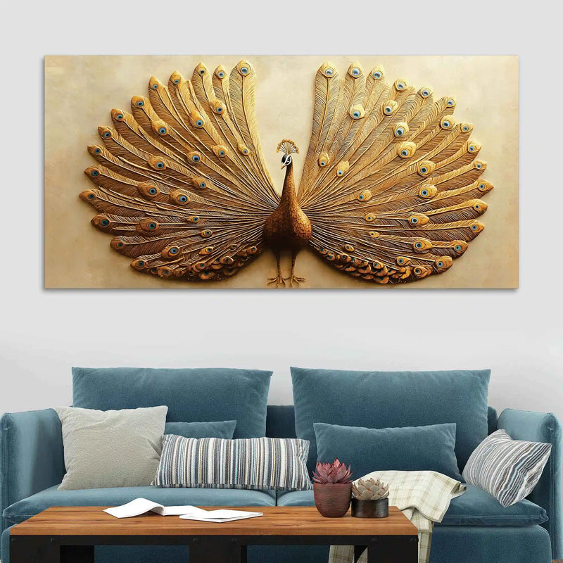 Opulent Golden Peacock with Open Feathers Canvas Wall Painting