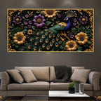 Opulent Peacock with Golden & Purple Blossoms 3D Canvas Wall Painting