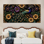 Opulent Peacock with Golden & Purple Blossoms 3D Canvas Wall Painting