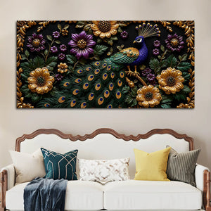 Opulent Peacock with Golden & Purple Blossoms 3D Canvas Wall Painting