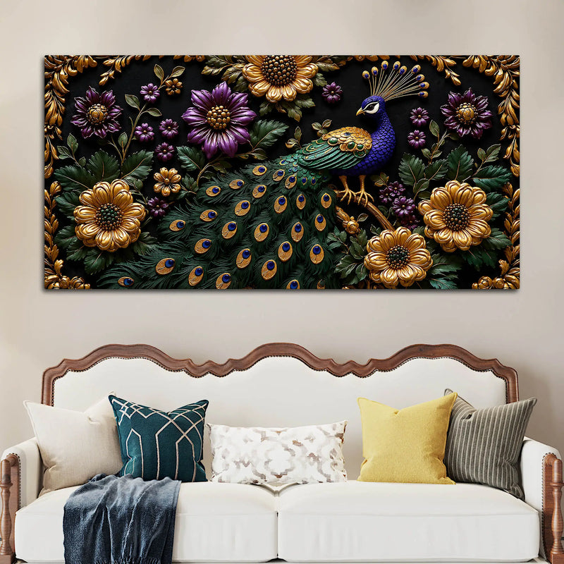 Opulent Peacock with Golden & Purple Blossoms 3D Canvas Wall Painting