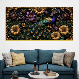 Opulent Peacock with Golden & Purple Blossoms 3D Canvas Wall Painting