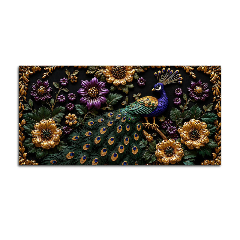Opulent Peacock with Golden & Purple Blossoms 3D Canvas Wall Painting