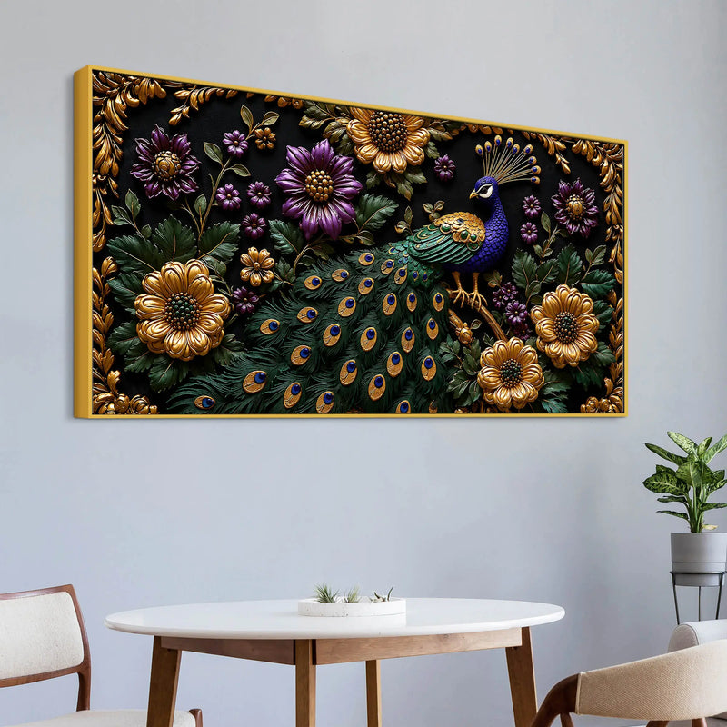Opulent Peacock with Golden & Purple Blossoms 3D Canvas Wall Painting
