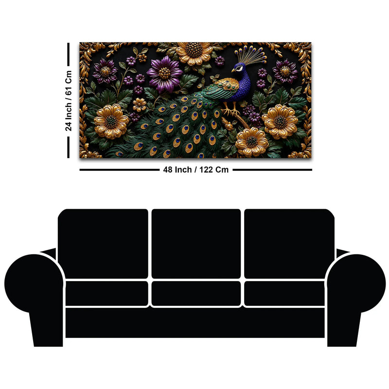 Opulent Peacock with Golden & Purple Blossoms 3D Canvas Wall Painting