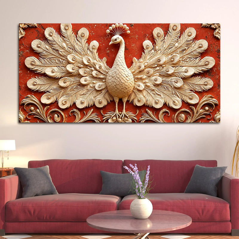 Opulent White Peacock with Open Feathers 3D Canvas Wall Painting