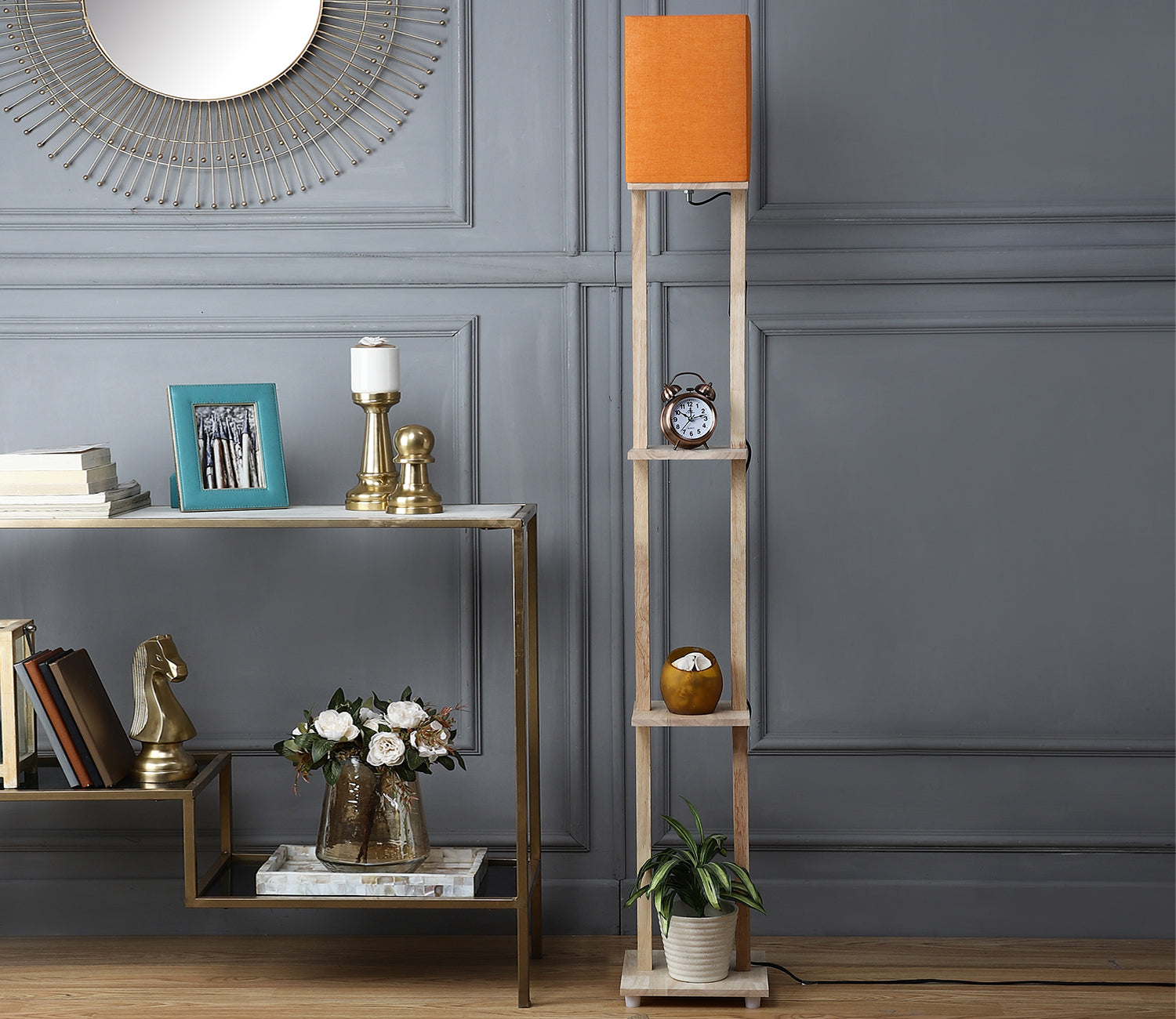 Orange Color Cotton Shade 3 Tier Shelf Storage Solid Wooden Floor Lamp