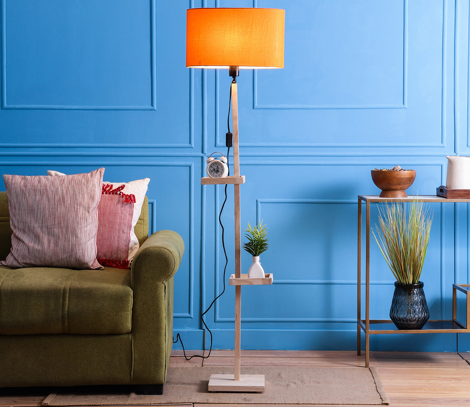 Orange Fabric Double Shelf Floor Lamp with Natural Solid Wood Color Base
