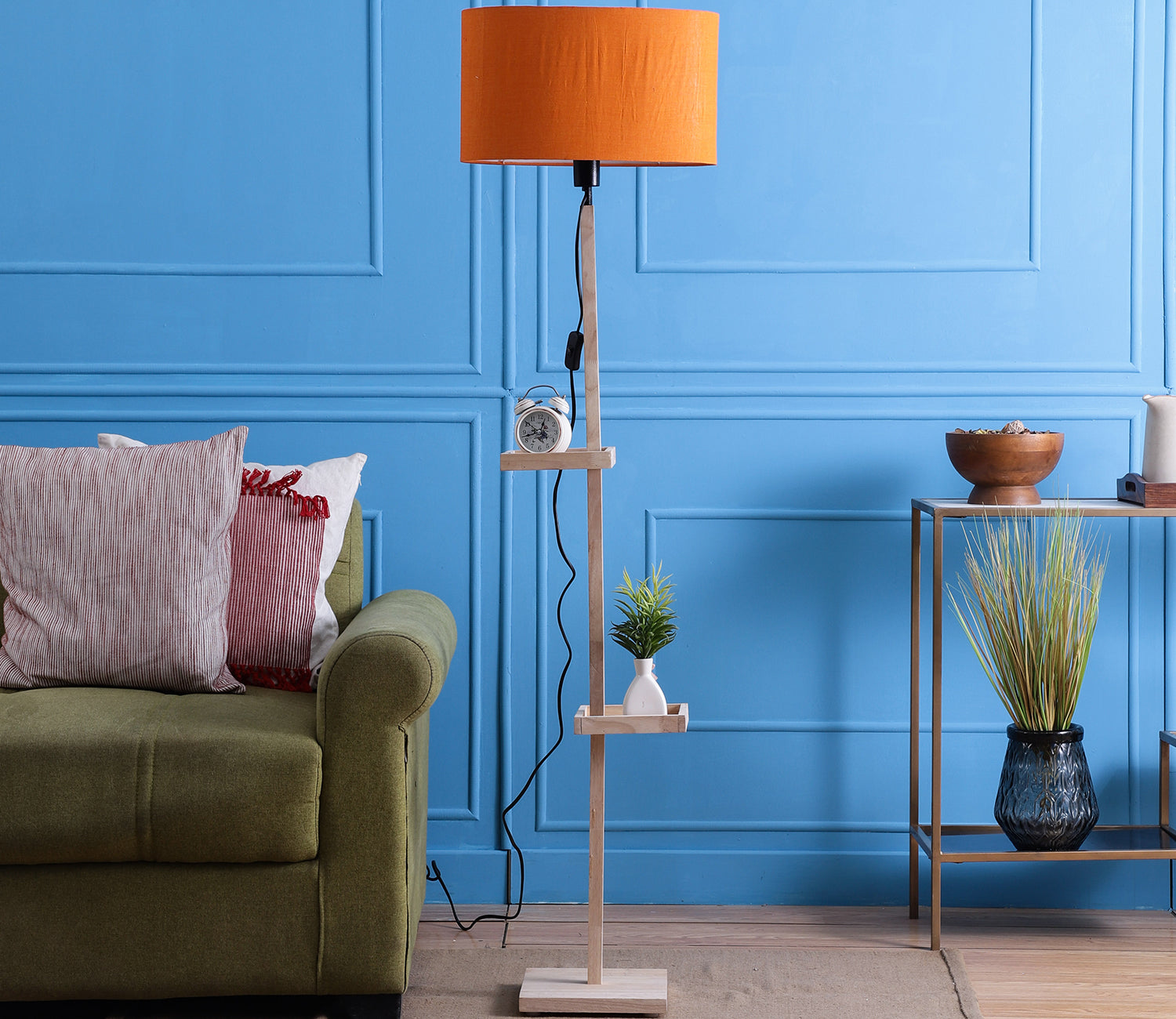 Orange Fabric Double Shelf Floor Lamp with Natural Solid Wood Color Base