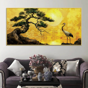 Oriental Sunrise Crane and Pine Tree Canvas Wall Painting for Home & Office