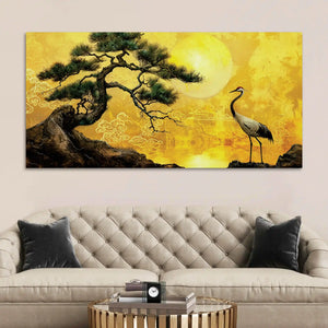 Oriental Sunrise Crane and Pine Tree Canvas Wall Painting for Home & Office