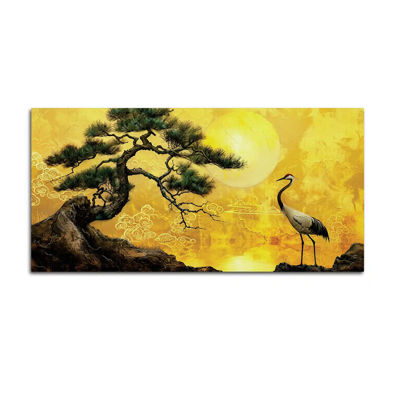 Oriental Sunrise Crane and Pine Tree Canvas Wall Painting for Home & Office