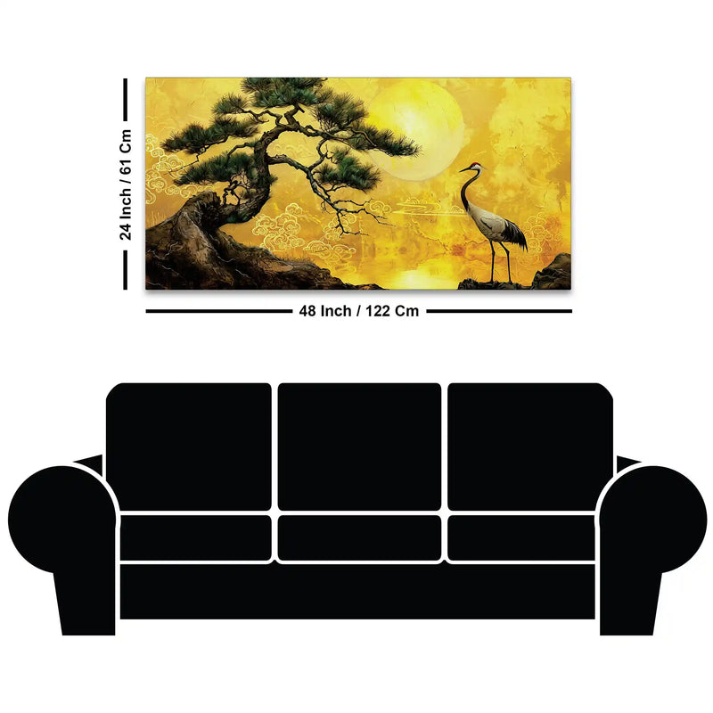 Oriental Sunrise Crane and Pine Tree Canvas Wall Painting for Home & Office