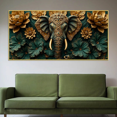 Ornamental Elephant with Golden Lotus Bloom 3D Canvas Wall Painting