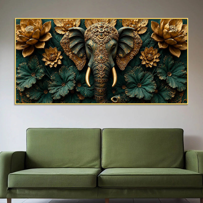 Ornamental Elephant with Golden Lotus Bloom 3D Canvas Wall Painting