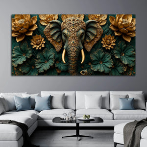 Ornamental Elephant with Golden Lotus Bloom 3D Canvas Wall Painting