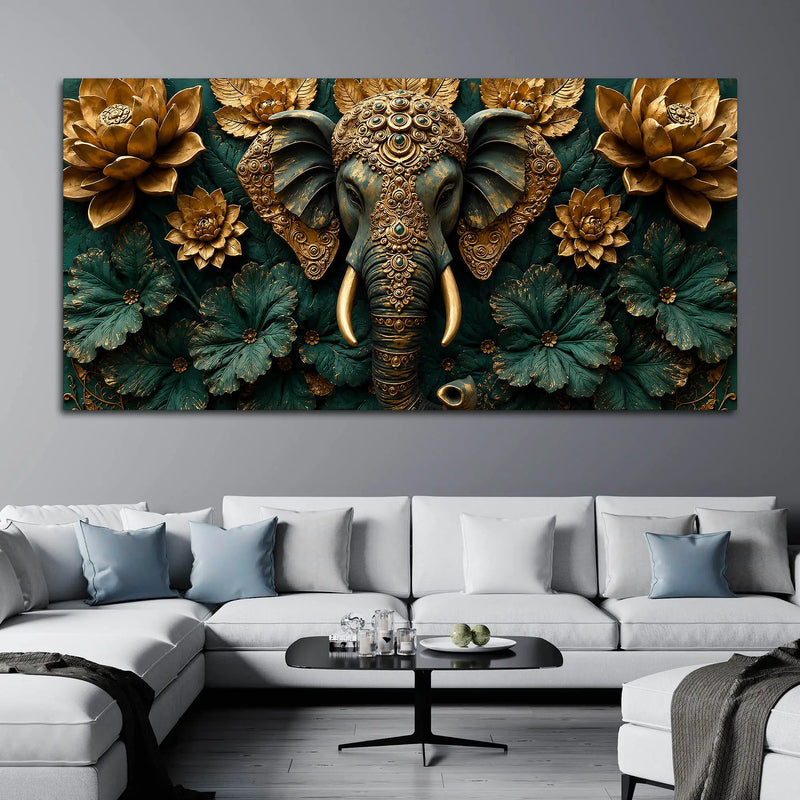 Ornamental Elephant with Golden Lotus Bloom 3D Canvas Wall Painting