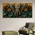 Ornamental Elephant with Golden Lotus Bloom 3D Canvas Wall Painting