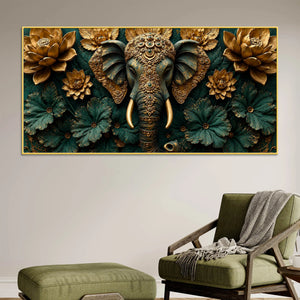 Ornamental Elephant with Golden Lotus Bloom 3D Canvas Wall Painting