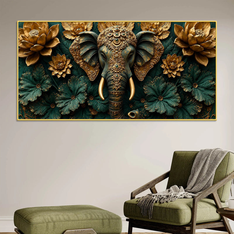 Ornamental Elephant with Golden Lotus Bloom 3D Canvas Wall Painting