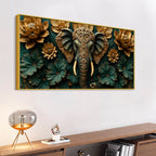 Ornamental Elephant with Golden Lotus Bloom 3D Canvas Wall Painting