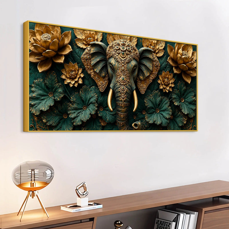 Ornamental Elephant with Golden Lotus Bloom 3D Canvas Wall Painting