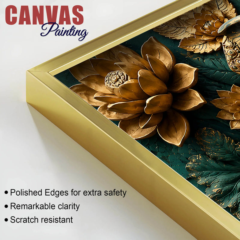 Ornamental Elephant with Golden Lotus Bloom 3D Canvas Wall Painting