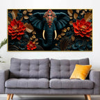 Ornate Elephant Face with Crimson Lotus 3D Canvas Wall Painting