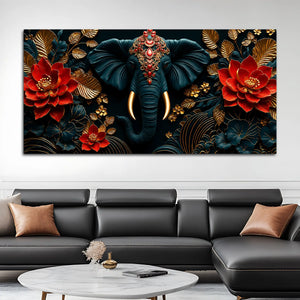 Ornate Elephant Face with Crimson Lotus 3D Canvas Wall Painting