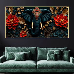 Ornate Elephant Face with Crimson Lotus 3D Canvas Wall Painting