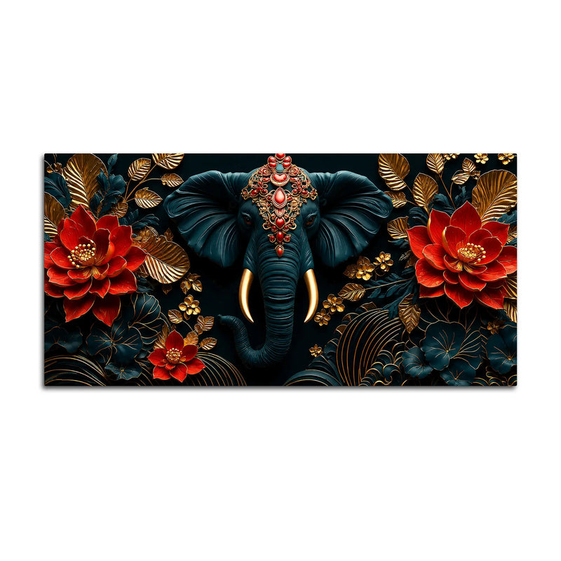 Ornate Elephant Face with Crimson Lotus 3D Canvas Wall Painting