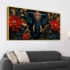 Ornate Elephant Face with Crimson Lotus 3D Canvas Wall Painting