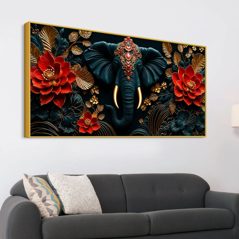 Ornate Elephant Face with Crimson Lotus 3D Canvas Wall Painting