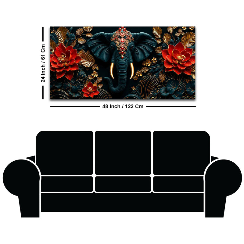 Ornate Elephant Face with Crimson Lotus 3D Canvas Wall Painting