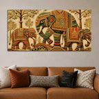 Ornate Elephant Family Embroidered Tanjore Style 3D Canvas Wall Painting