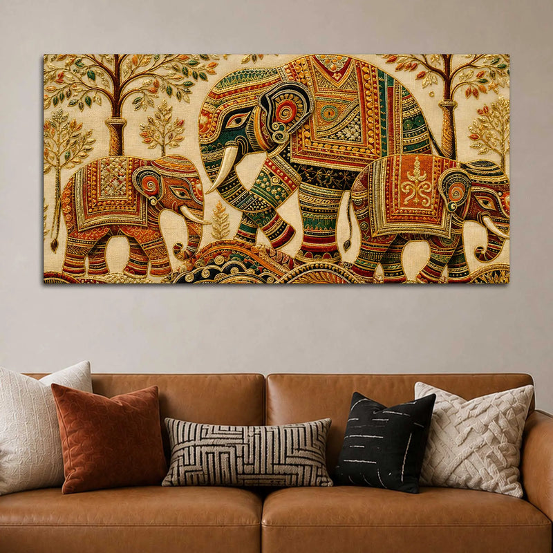Ornate Elephant Family Embroidered Tanjore Style 3D Canvas Wall Painting