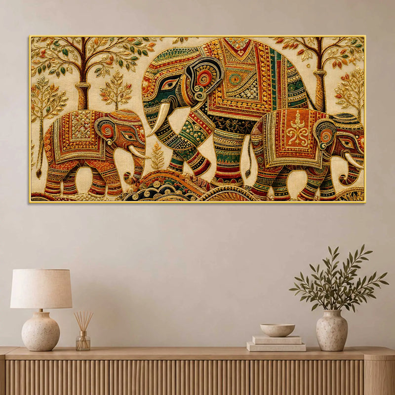 Ornate Elephant Family Embroidered Tanjore Style 3D Canvas Wall Painting
