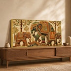 Ornate Elephant Family Embroidered Tanjore Style 3D Canvas Wall Painting