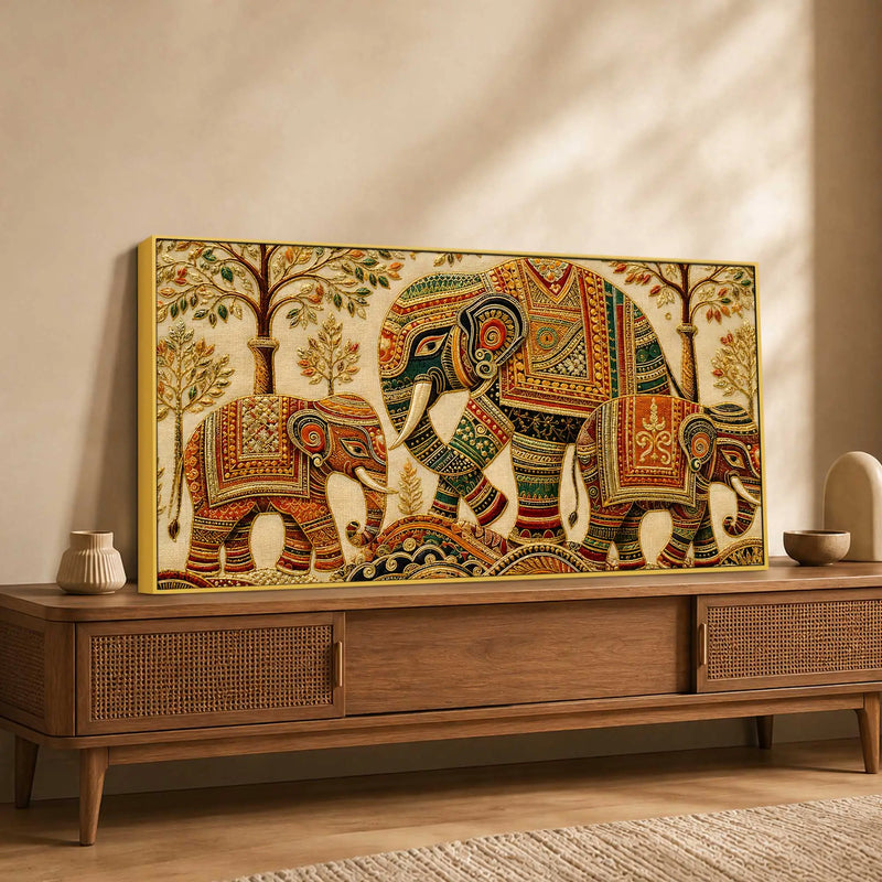 Ornate Elephant Family Embroidered Tanjore Style 3D Canvas Wall Painting