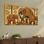 Ornate Elephant Family Embroidered Tanjore Style 3D Canvas Wall Painting