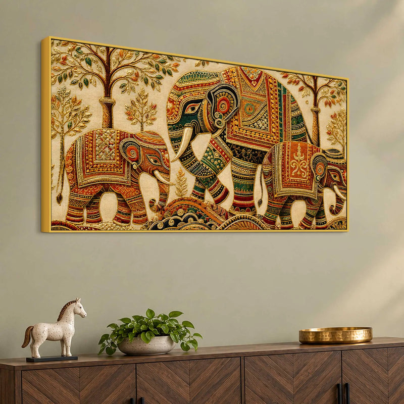 Ornate Elephant Family Embroidered Tanjore Style 3D Canvas Wall Painting